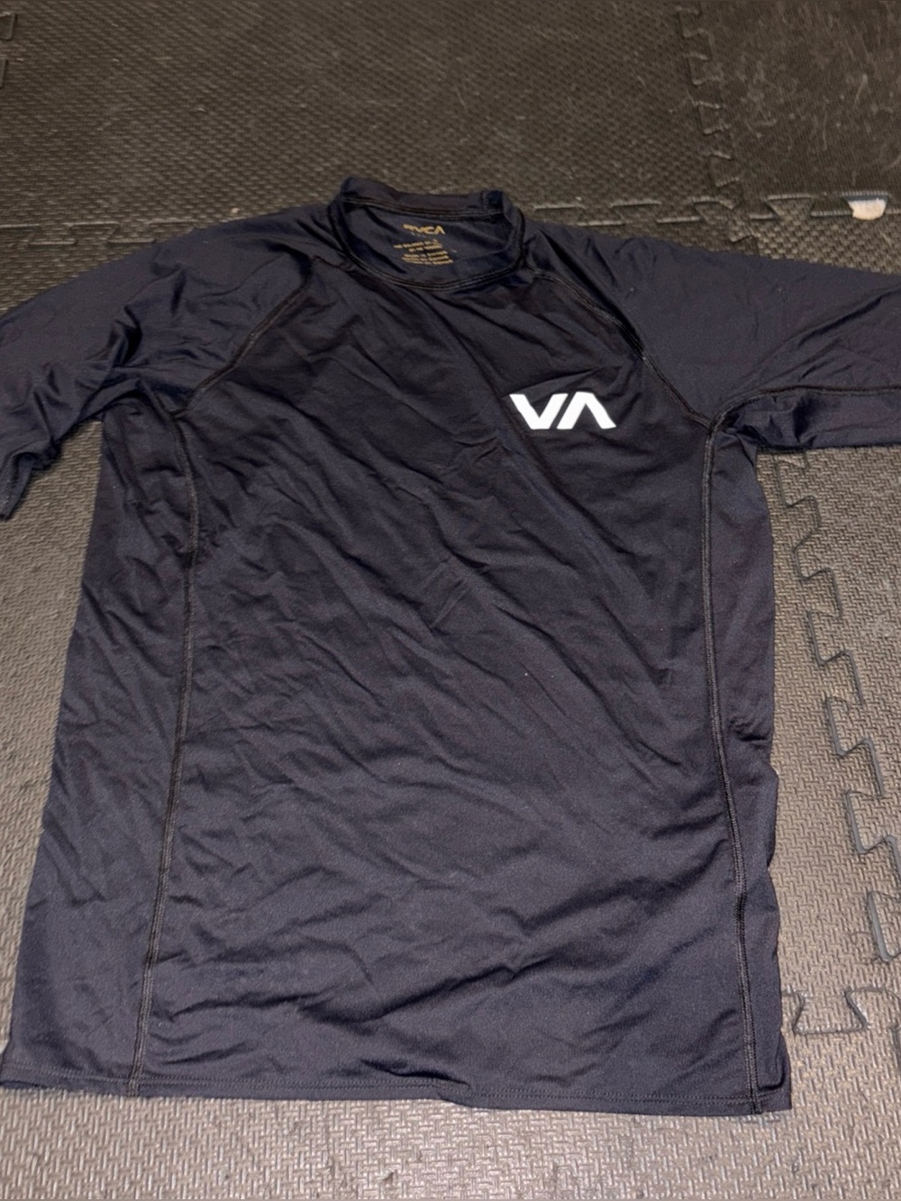 RVCA Black Short-Sleeve Swim Rash Guard with White VA Chest Logo